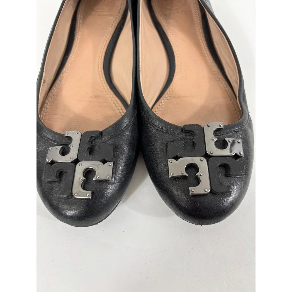 Tory Burch Black Lowell Leather Ballet Flats Embellished Logo Size 7 M‎